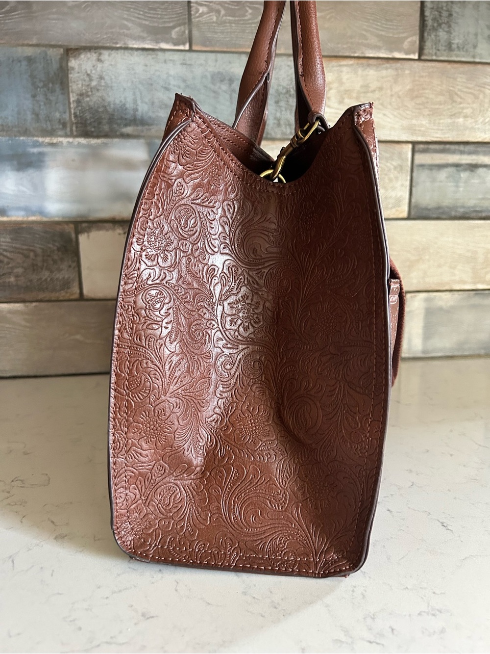 🍀EUC Lucky Brand Brown Floral Embossed Tote Carryall Shoulder Crossbody Bag - Picture 7 of 16